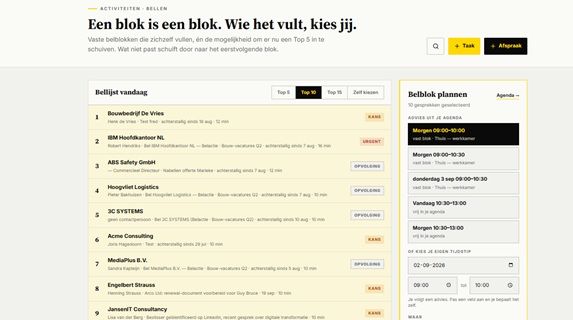 DealDrive: belblokken met een bellijst die zichzelf vult Het belblokkenscherm van DealDrive: een bellijst die zichzelf vult met kansen en opvolging, en rechts het plannen van vaste belblokken