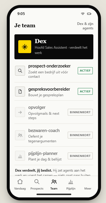Dex en zijn agents Het teamscherm van Dex met zijn agents: prospect-onderzoeker, gespreksvoorbereider, opvolger, bezwaren-coach en pijplijn-planner