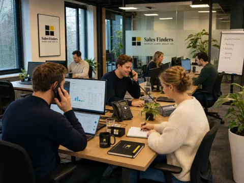 Outbound e-mail die wel gelezen wordt: 7 regels voor 2026 Belteam aan het werk met de gespreksstructuur op de flip-over, bij het artikel Outbound e-mail die wel gelezen wordt: 7 regels voor 2026