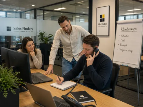 Sales coaching vs. sales training: wat heeft jouw team nodig? Coach luistert mee en koppelt terug op de werkvloer, bij het artikel Sales coaching vs. sales training: wat heeft jouw team nodig?