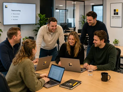 Sales kickoff: begin het jaar zoals je het wilt eindigen Salesteam bespreekt samen de doelen en opvolging, bij het artikel Sales kickoff: begin het jaar zoals je het wilt eindigen
