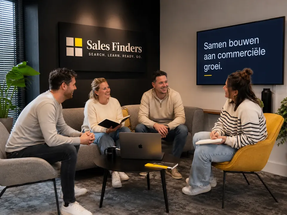 De maandsessie: senior partner en directie overleggen in de zithoek over commerciële groei