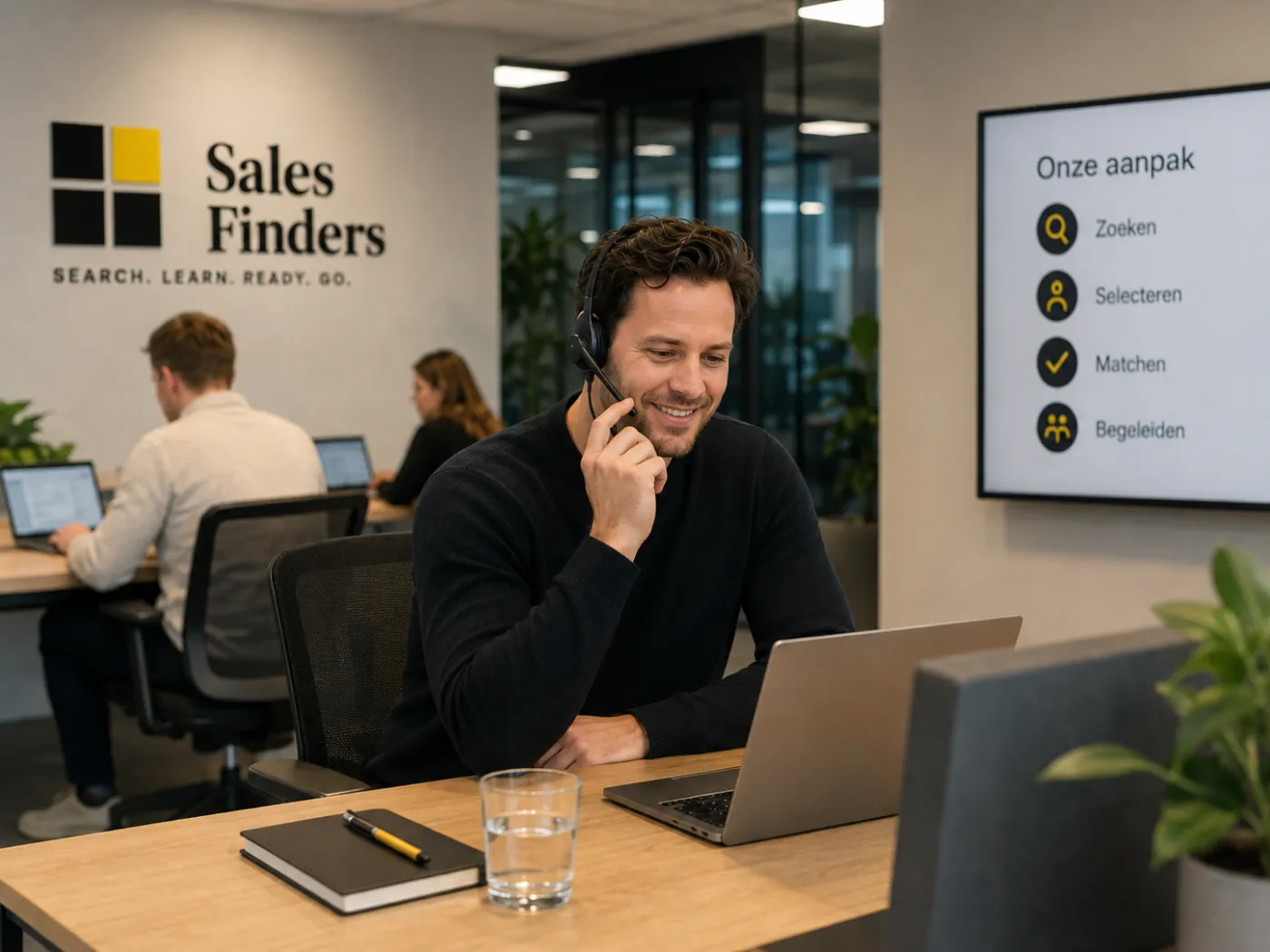 Consultant met headset in gesprek met een prospect, bij het artikel LinkedIn social selling voor B2B: van profiel naar pijplijn